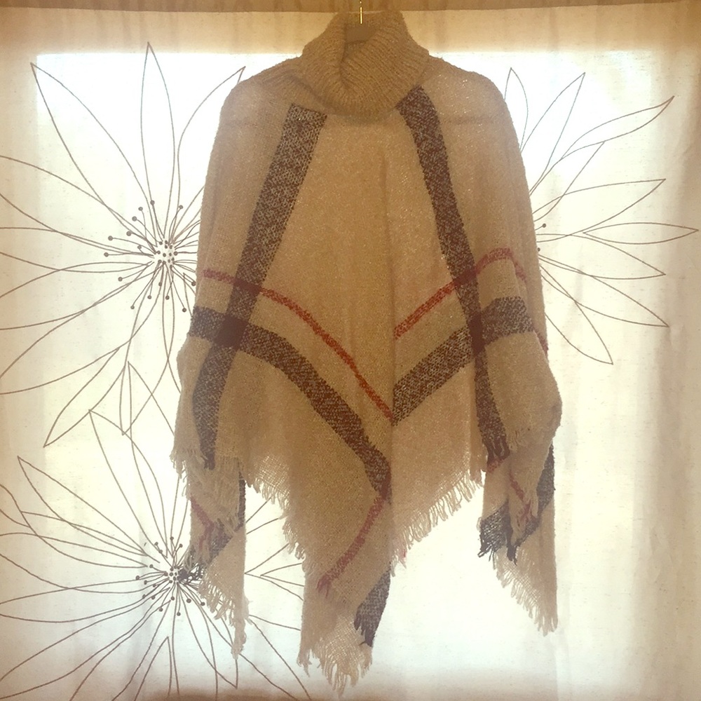 Camel Colored Cowl Neck Poncho, One Size Fits All